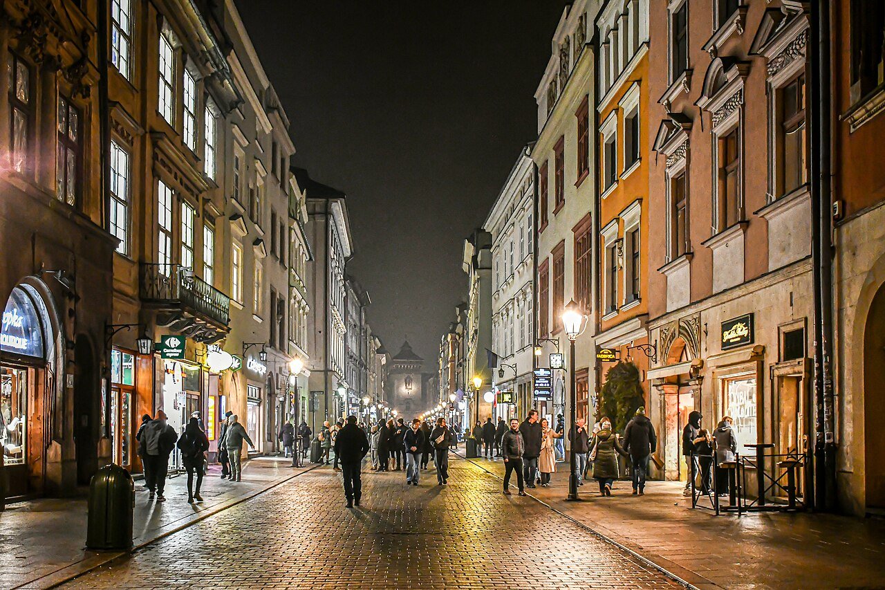 Floriańska Street in Kraków illuminated at night