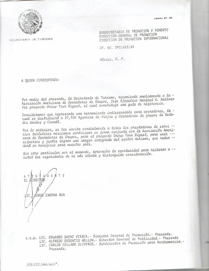 Scanned original letter from Mexico Tourism Department