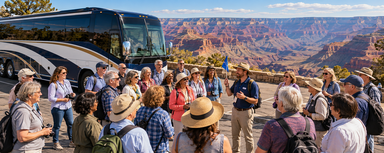 A large group of tourists gathers with a tour guide beside a motorcoach overlooking the Grand Canyon.