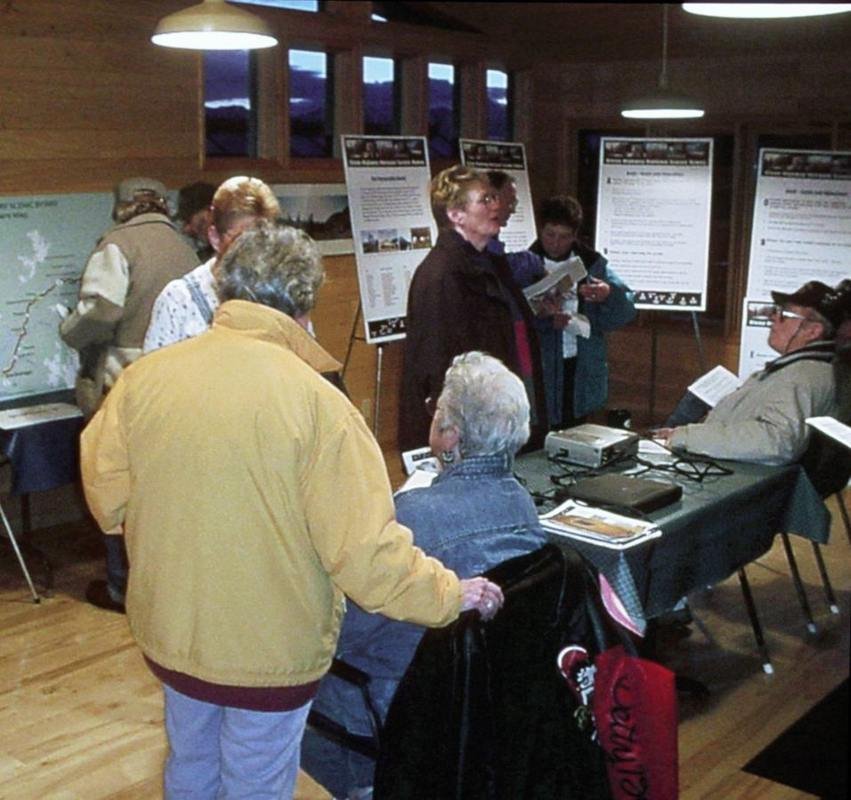 About 30 interested residents from the further reaches of the byway attended an October 2001 public meeting at Sheep Mountain Lodge to learn more about the National Scenic Byways Program, its benefits and impacts.