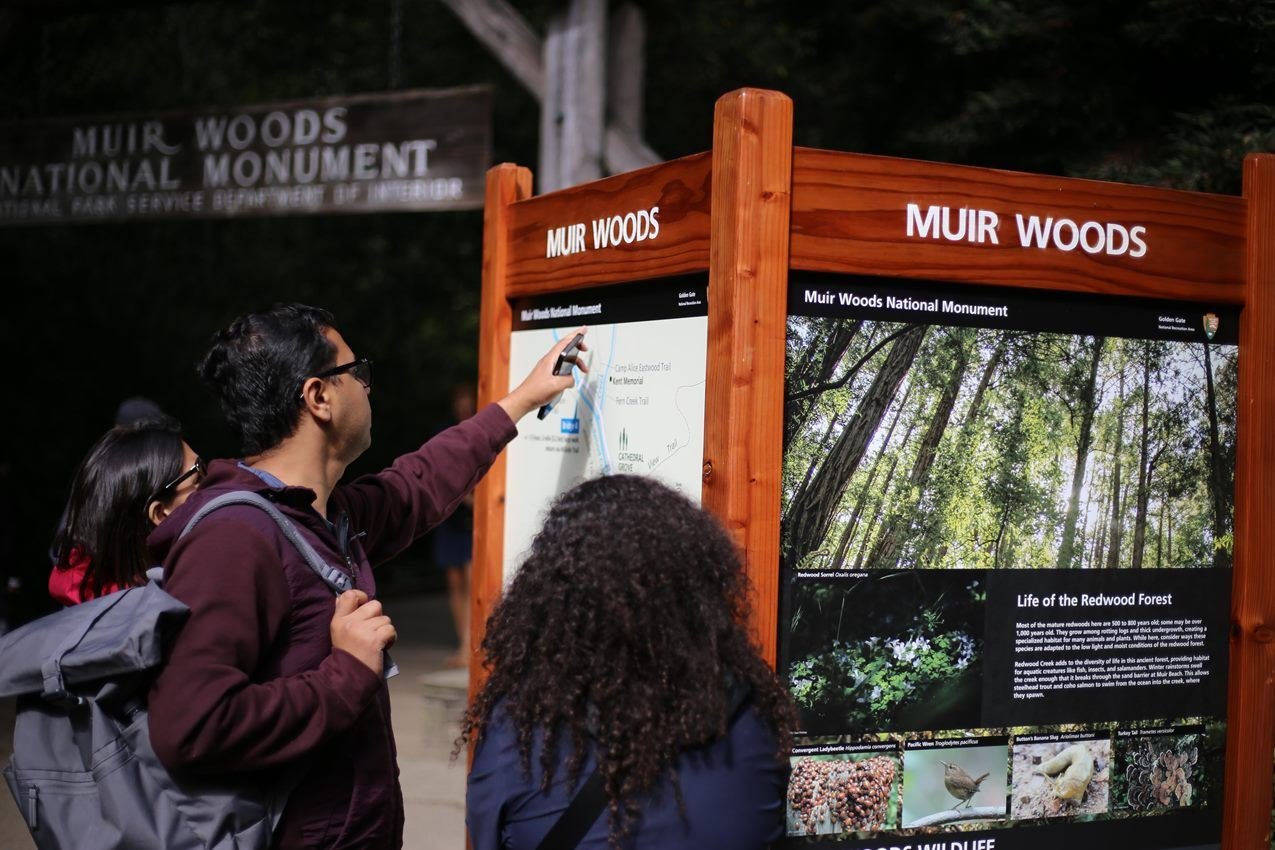 a visitor points to a sign that says muir woods