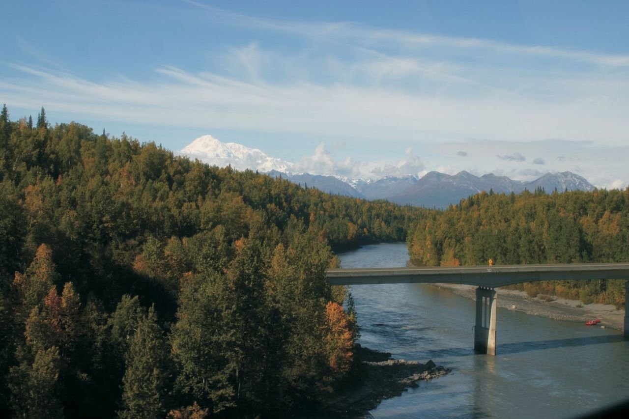 The George Parks Highway Scenic Byway travels over the steep-walled gorge of Hurricane Gulch.