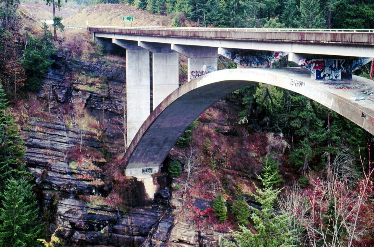 A highway bridge stretches over the Elwha River Gorge.