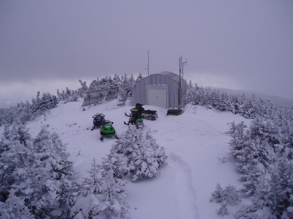 A small cluster of snowmobiles wait near a shed among snow-blanketed conifers.