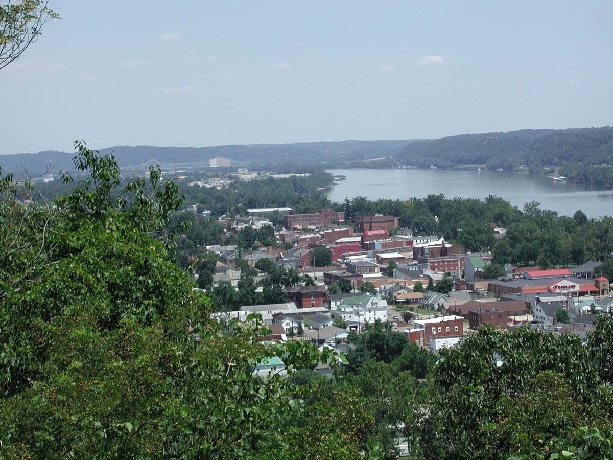 View from a hill overlooking a town on the Ohio River.