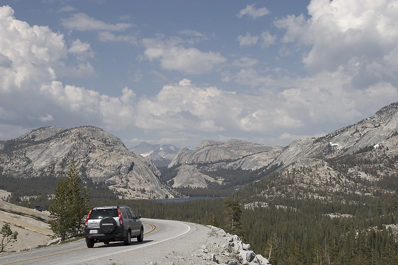 Tioga Road curves past wonderful views of mountains at Olmstead Point in Yosemite National Park.