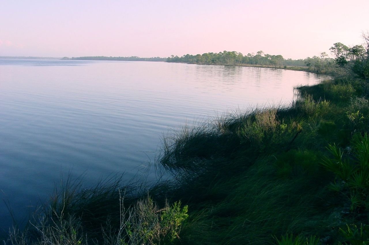 The Apalachicola River shimmers with the vibrant colors of the sunset.