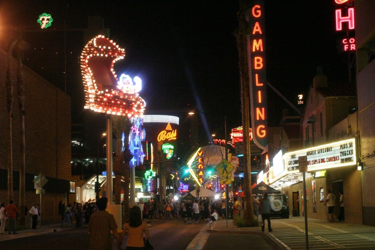 A vividly colorful display of neon lighting lights up the City of Las Vegas, Las Vegas Boulevard State Scenic Byway.