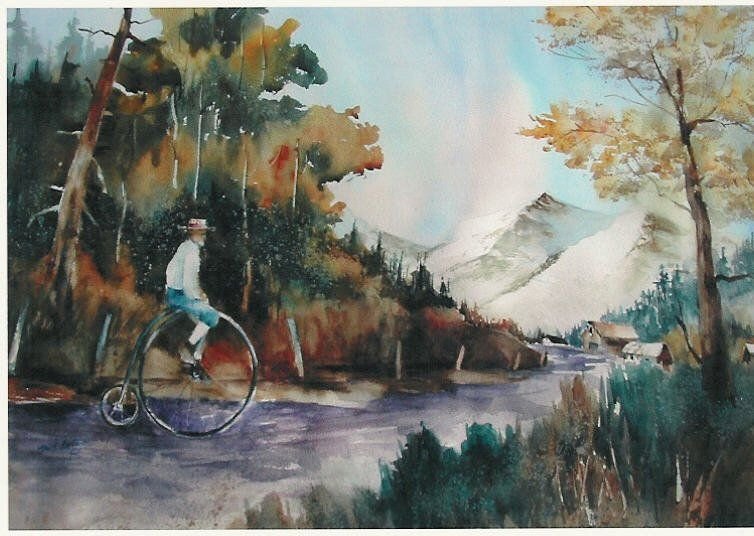 This painting is of Steve Stevens riding one of his vintage high-wheel bicycles.