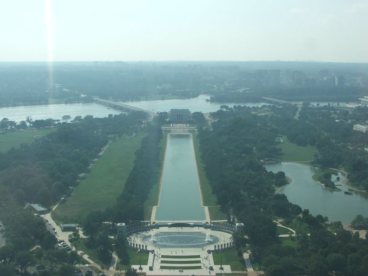 High up inside the Washington Monument you can see the World War II Memorial, the Reflection Pool, the Lincoln Memorial, and the Potomac River.