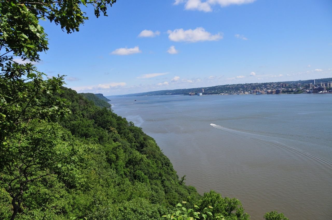 The view of the Hudson River from the top of the Palisades Long Path Trail offers a spectacular view of the valley and river.