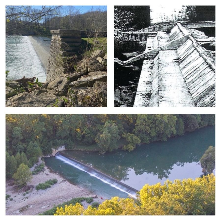 The Laurel Feeder Dam or Dam #4 is represented by three images in a collage.
The image in the upper left shows a picture taken from the overflow side of the dam with whitewater cascading over the 8-foot high cement dam that stretches across the Whitewater River. In the foreground is a limestone block pillar which frames the dam and secures the intake or “regulator“ gate to supply water to the canal. (photo courtesy of Candy Yurcak)
The square image on the upper right shows a much earlier version of the dam when it was built of three cascading levels of wood. In this black and white historic image, pre-1940, there is no water flowing over the dam. (photo courtesy of Indiana Department of Conservation)
The lower horizontal image is an aerial shot of the feeder dam showing the Whitewater River flowing over the 372’ wide dam at dusk making a white ribbon across the tree-lined river.