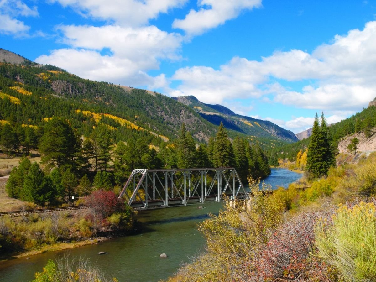 Denver & RIo Grande Rail Road bridge over the Rio Grande River during the fall.