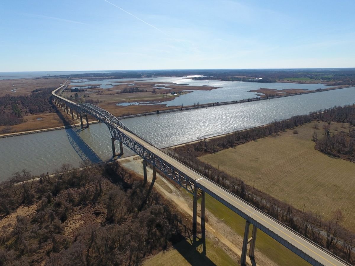 A sunny day picturing the Delaware Bayshore Byway Route at the Reedy Point Bridge crossing the Chesapeake & Delaware Canal Area.