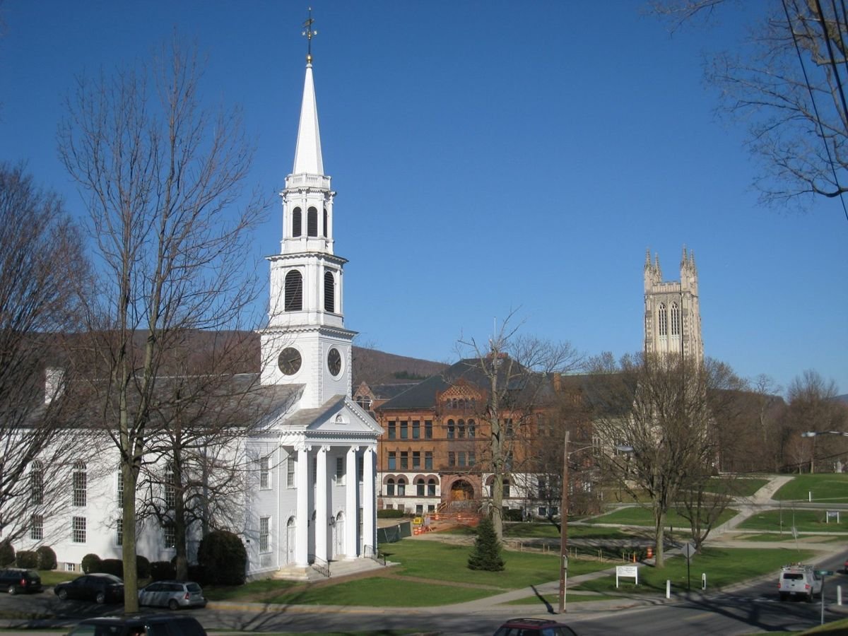 A view of a church and buildings on the campus of Williams College that can be seen from the Byway in Williamstown.